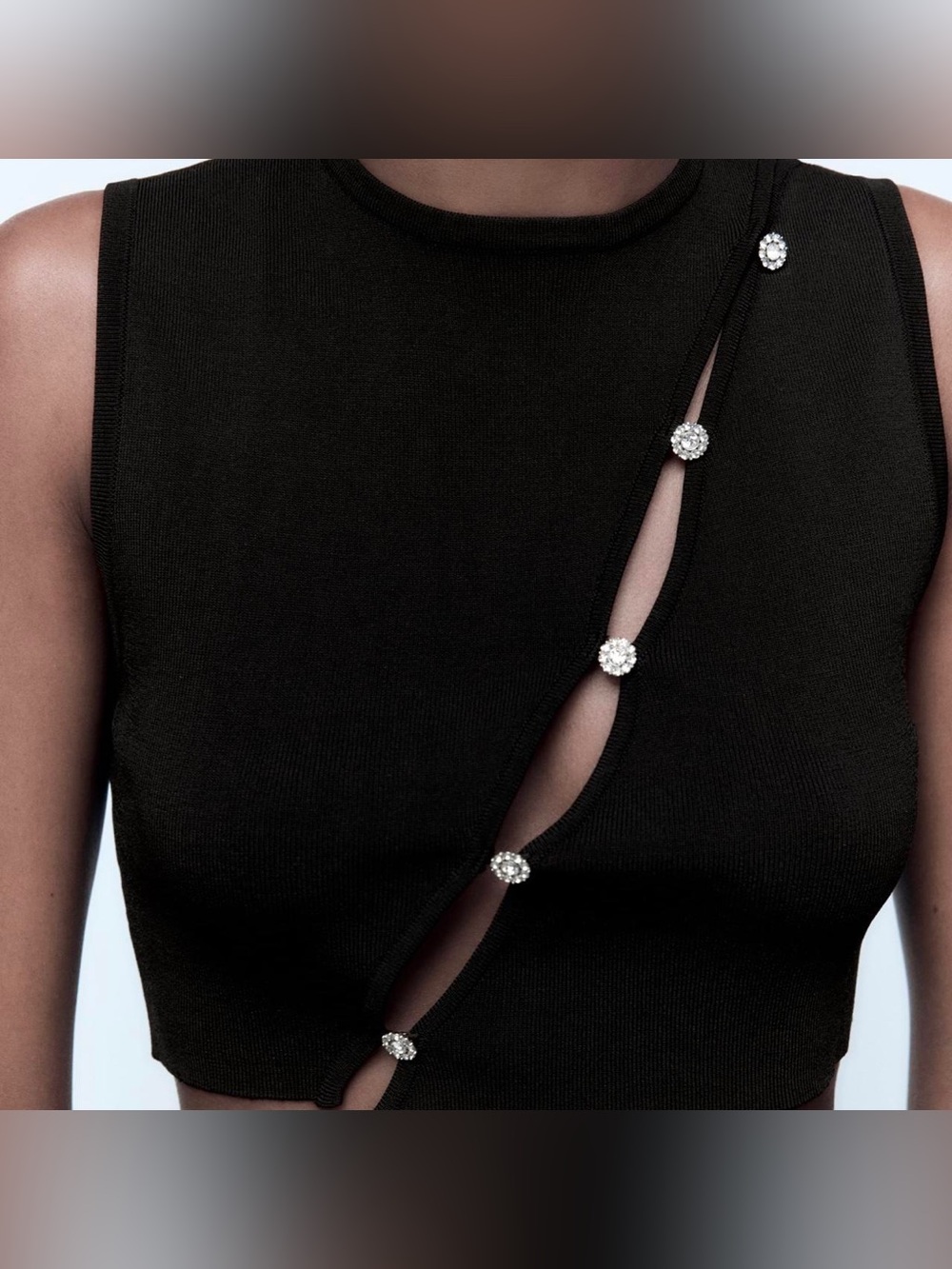 Zara Black Crop Tank Top with Rhinestone Button Accent